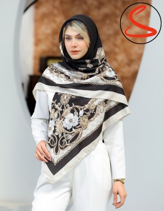 روسری سیا اسکارف گل و زنجیر مشکی کد C26019