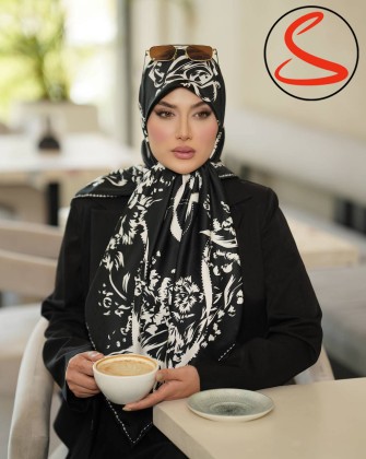 روسری ابریشم ژاکارد سفید مشکی 1 کد C26348