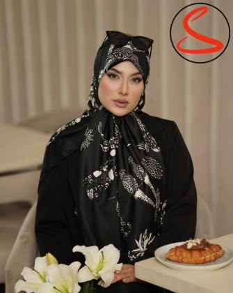 روسری ابریشم ژاکارد سفید مشکی 4 کد C26369