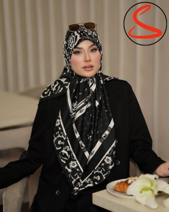 روسری ابریشم ژاکارد سفید مشکی 5 کد C26376