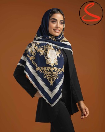 روسری ابریشم کوالیتی وارداتی دور ریش سرمه ای کد C24948